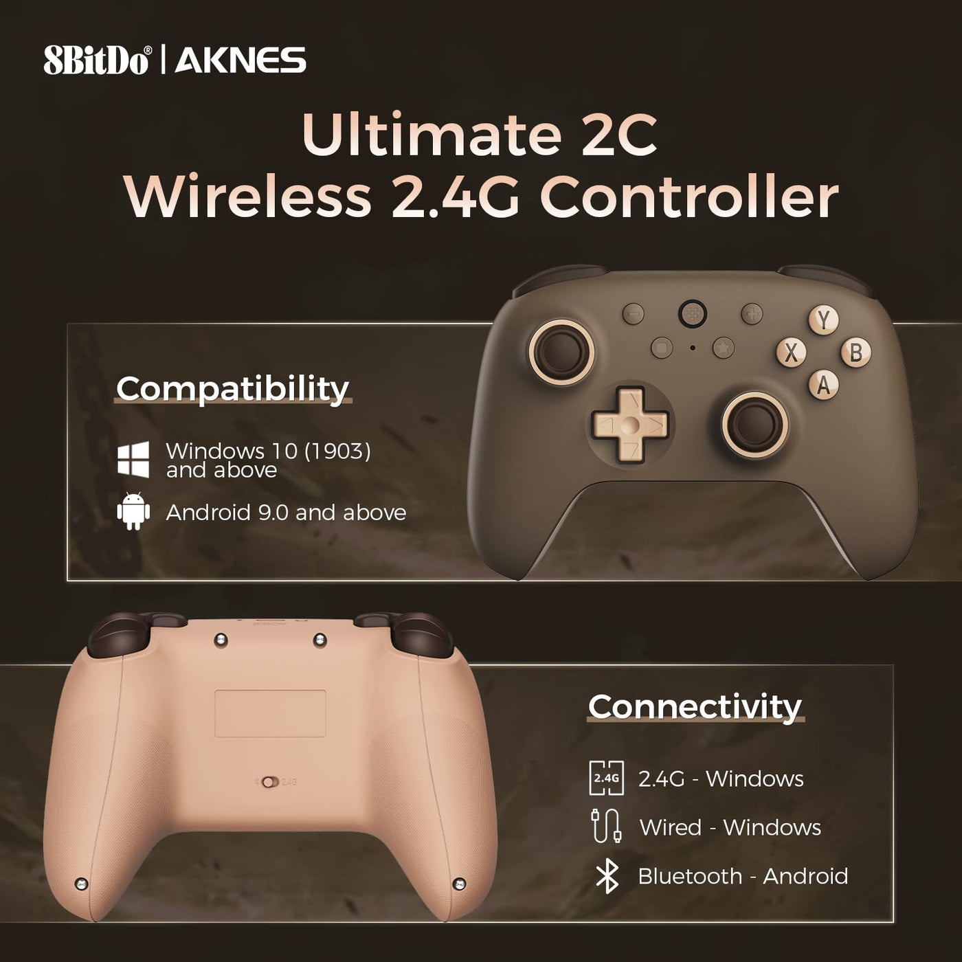 AKNES 8Bitdo Ultimate 2C 2.4G Wireless Controller für Windows PC und Android, mit Hall Effekt Joysticks und Hall Trigger, 1000Hz Polling Rate, und Remappable L4/R4 Bumpers (Brownie)