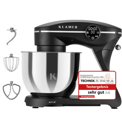 KLAMER Küchenmaschine 1800W, Knetmaschine mit 6 Liter Edelstahl Schüssel, 10 Geschwindigkeitsstufen mit Timer, Rührbesen, Knethaken, Schneebesen und Spritzschutz