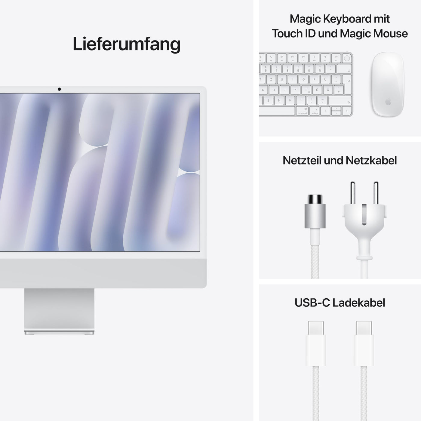 Apple iMac All-in-One Desktop-Computer mit M4 Chip mit 10 Core CPU und 10 Core GPU: 24" Retina Display, 16 GB gemeinsamer Arbeitsspeicher, 512 GB SSD Speicher, passendes Zubehör; Silber