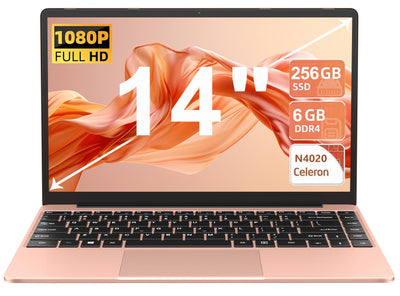 AOCWEI Laptop Celeron N4020 Up to 2.8Ghz, Laptops 14 Inch Win 11 Con 5G WiFi 6+256GB SSD Erweiterung 1TB, BT 4.2 1920 * 1080 FHD Mini Multimedia Anschluss, Notebook with Deutscher Keyboardfilm-Gold