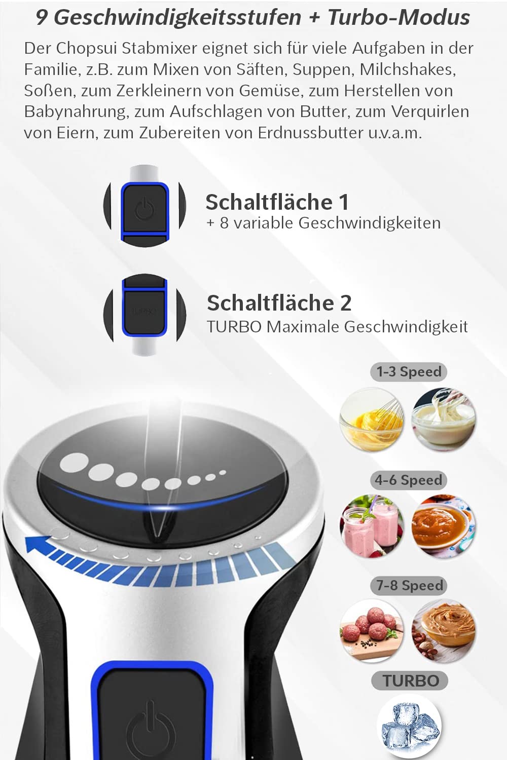 Lehmann Chowmei Stabmixer Set 1200 W | Pürierstab mit Turbofunktion und Geschwindigkeitsregelung | Elektrische Multifunktions Hand Blender | inkl. 6-teiliges Zubehör Set