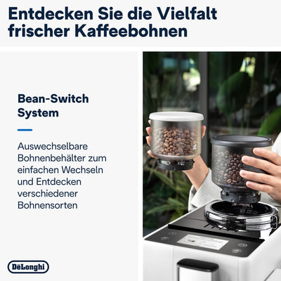 De'Longhi Rivelia EXAM440.55.W Kaffeevollautomat mit LatteCrema Milchsystem, Wechselbarer Bohnenbehälter, 16 Kaffee- & Milchgetränke auf Knopfdruck, Extra-Shot-Funktion, 3,5" Touch-Display, Weiß