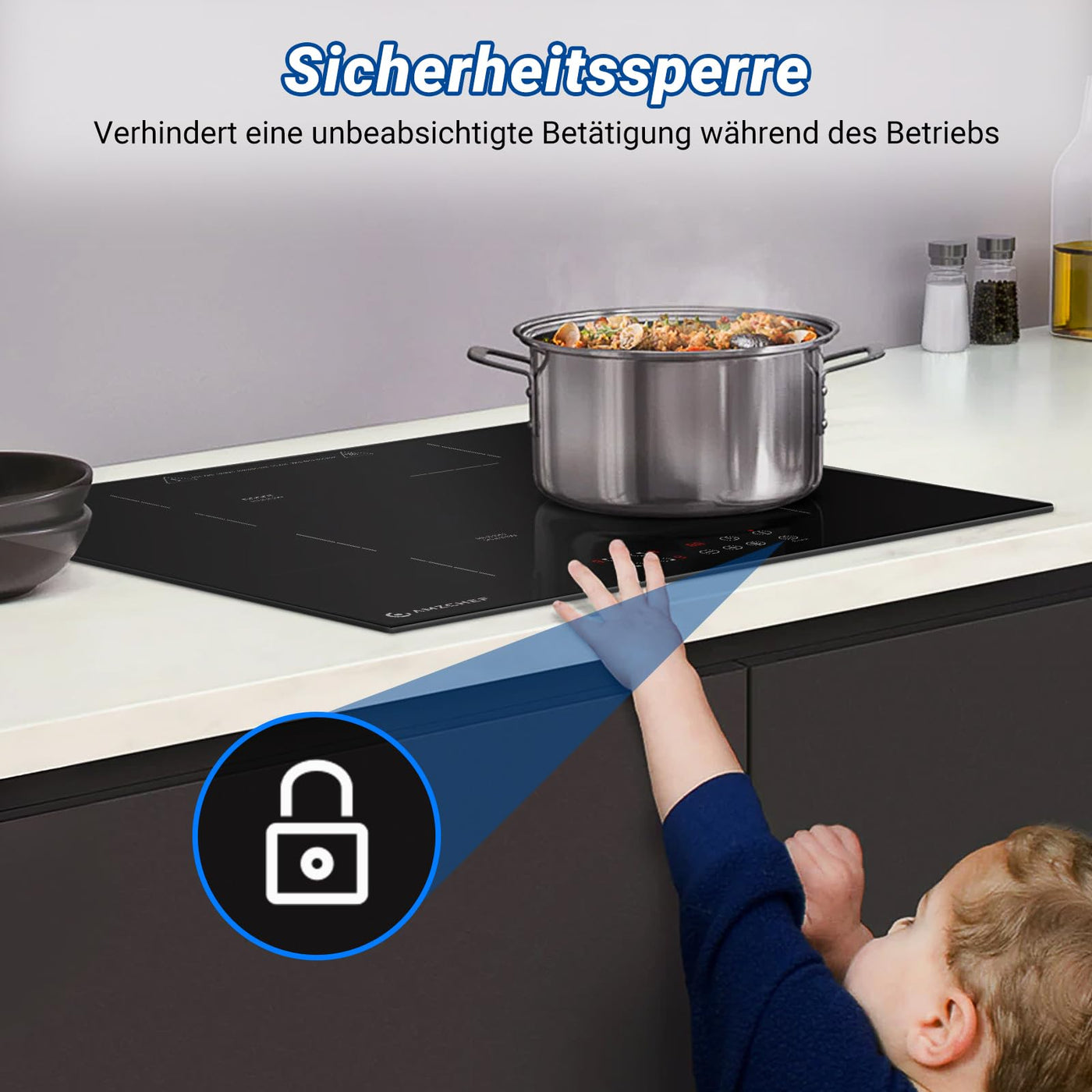 AMZCHEF Induktionskochfeld 60cm, 4 Platten Induktionskochfeld | Einbau Induktionskochplatte | Boost-Funktion | 9 Leistungsstufen | Sicherheitsschloss | Touch-Bedienung | Zeitschaltuhr | 7200W