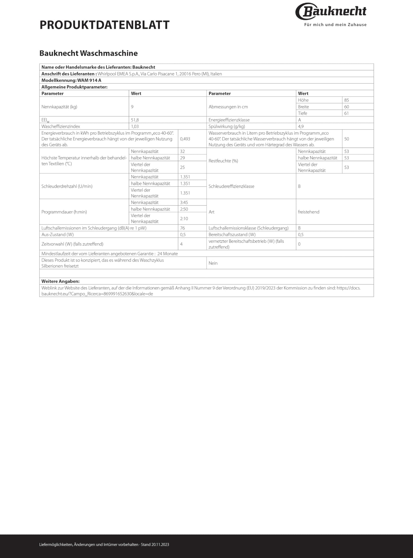 Bauknecht WAM 914 A Waschmaschine Frontlader/ 9kg / EEK A/ Kurz 30/ Kurz 45/ Anti-Allergie-Programm/ Wolleprogramm/ Startzeitvorwahl/ Dynamic Inverter Motor/ Flecken 40° Schutz vor Wasserschäden