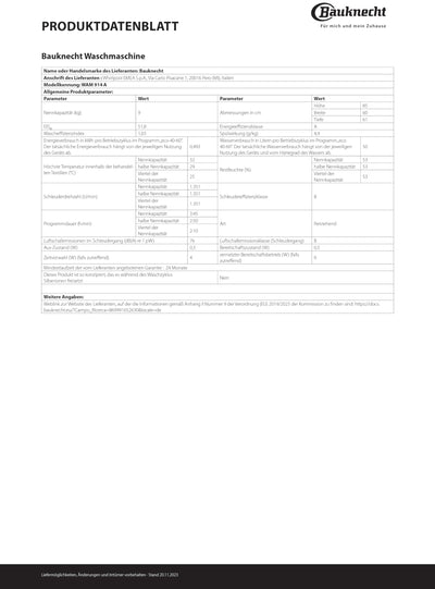 Bauknecht WAM 914 A Waschmaschine Frontlader/ 9kg / EEK A/ Kurz 30/ Kurz 45/ Anti-Allergie-Programm/ Wolleprogramm/ Startzeitvorwahl/ Dynamic Inverter Motor/ Flecken 40° Schutz vor Wasserschäden