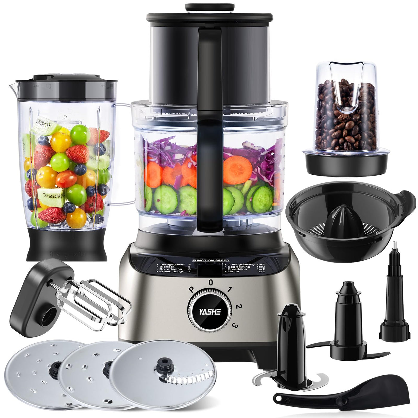 YASHE 11 in 1 Küchenmaschine, 1300W Multifunktionale Food Processor - 2,5 L Rührschüssel & 1,5 L Mixgefäß, Upgrade Schneidescheibe, Zitruspresse, Knetmaschine, Mahlwerk, Schneebesen, Zerkleinerer