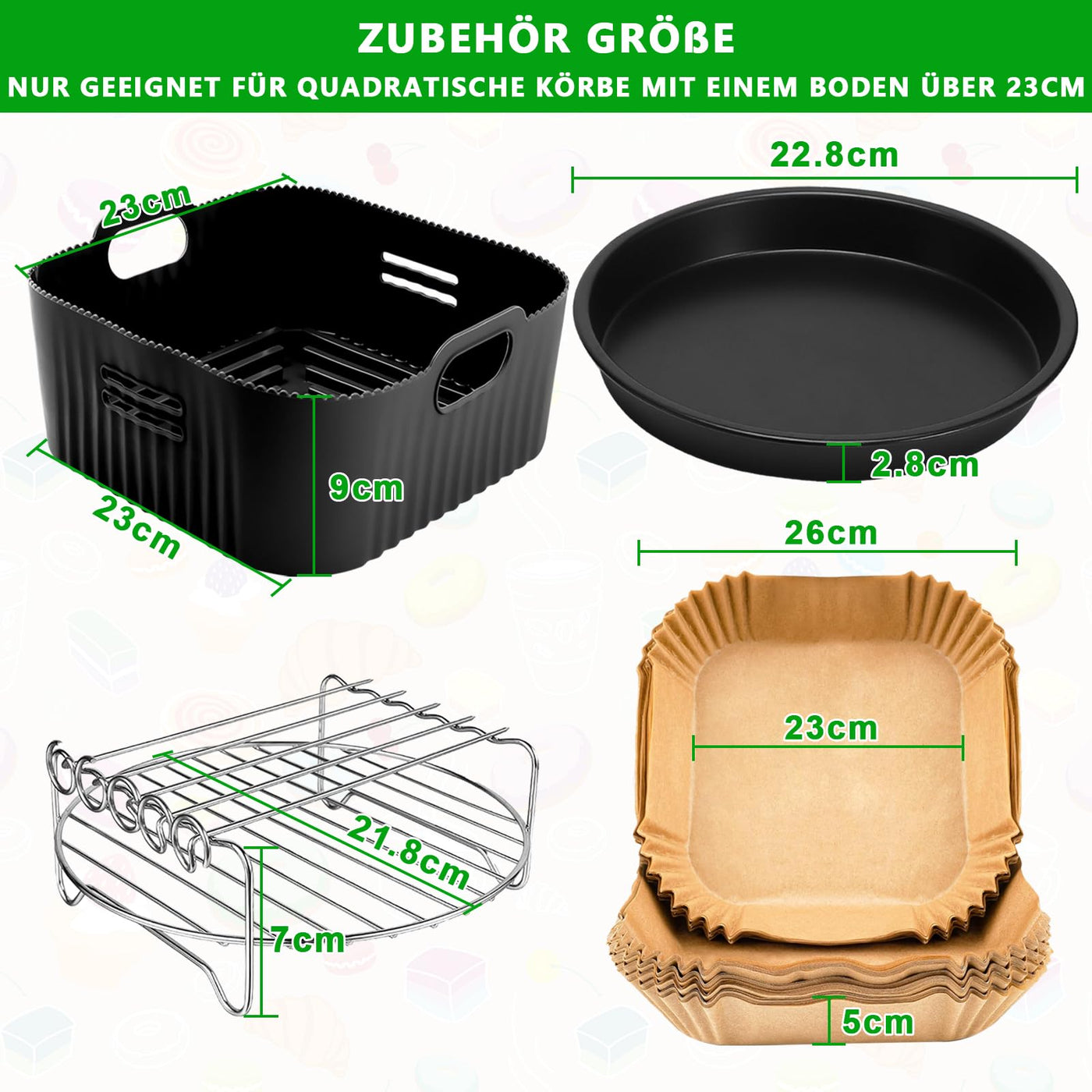 YINGRACE 23CM Heißluftfritteuse Zubehör XXL für COSORI 6,4L, 6,2L, 6L, Russell Hobbs 8L, 4PCS Airfryer Zubehör mit Grillroste Pizzapfanne Backpapier Silikonform für Heißluftfritteuse