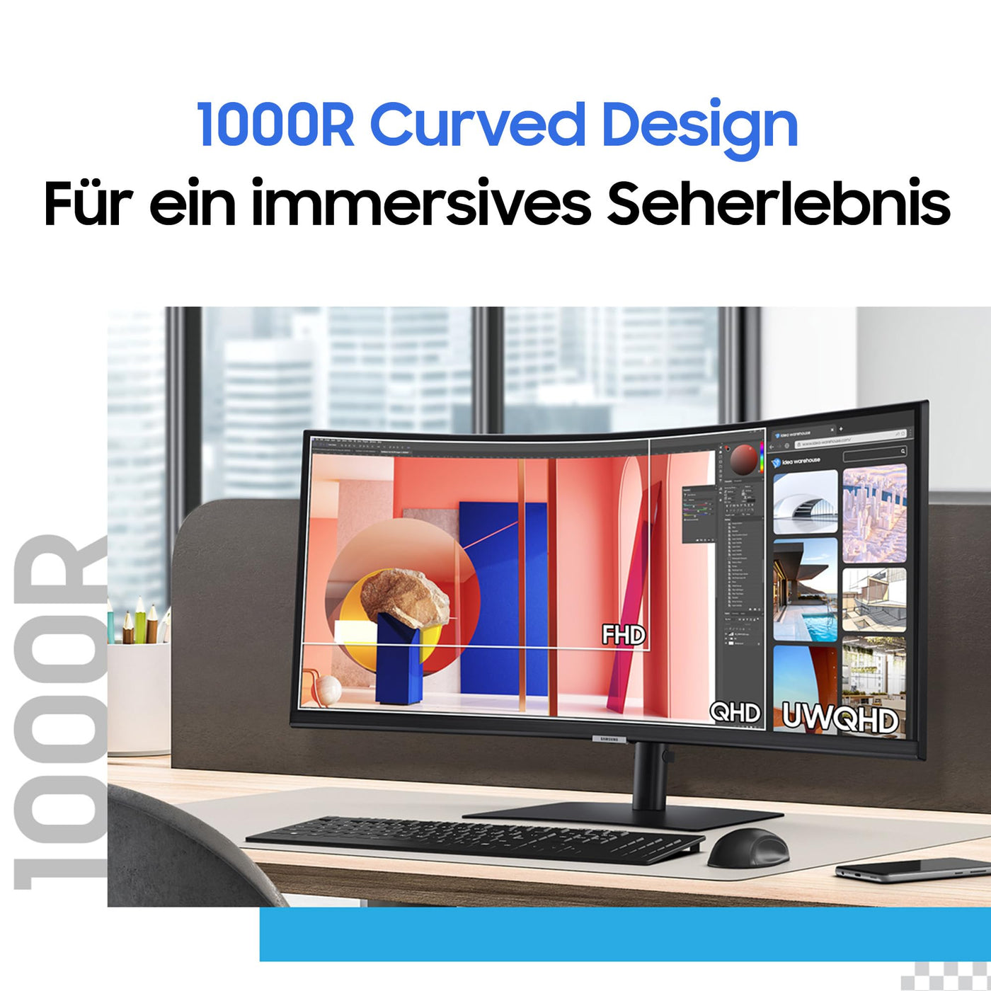 Samsung ViewFinity S65VC Curved Monitor 34 Zoll, Mit Lautsprechern und Webcam, Bildschirm mit VA-Panel, 3.440 x 1.440 Pixel, Bildwiederholrate 100 Hz, Reaktionszeit 5 ms, 90 W Laden via USB-C, Pivot