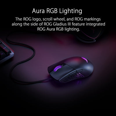 ASUS ROG Gladius III asymmetrische FPS-Gaming-Maus (19.000 DPI-Sensor (bis zu 26.000 DPI skalierbar), Push-Fit-Schaltersockel II, Zero-Click-Latenz, ROG-Paracord-Kabel, Aura Sync), Schwarz