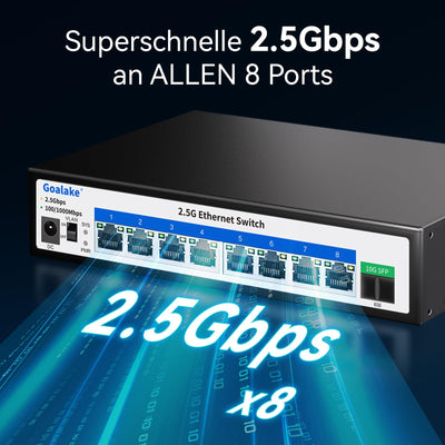 Goalake Multi-Gigabit Desktop-Switch, 8 Anschlüsse, 2,5 G, Nicht verwaltet, 8 Base-T Ports 2,5 G, 1 SFP+ 10 G, 802.3X Flusskontrolle, 2,5 Gbe Netzwerk-Switch, ideal für kleine Büros