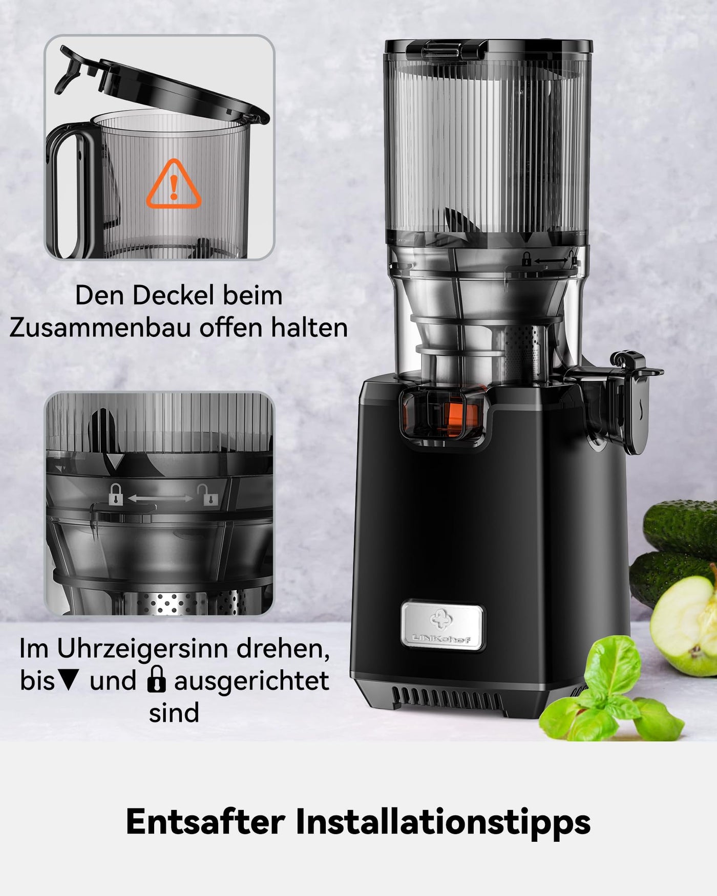 LINKChef Entsafter Slow Juicer, 130MM Öffnung und 1,8L Entsafter für Ganze Gemüse und Obst, Juicer Machine Testsieger mit Umkehrfunktion, Einfache Installation, Leicht zu Reinigen, 100% BPA Frei, 250W