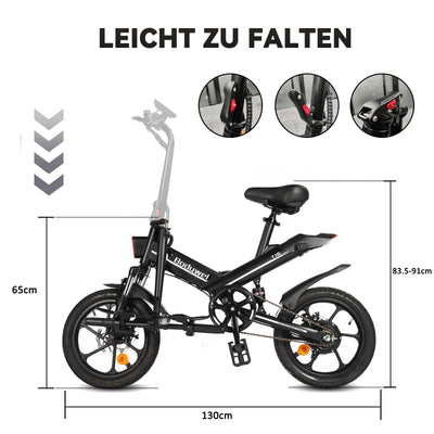 Bodywel T16 Mini E Bike 16 Zoll Elektrofahrrad 250W 36V/10.4AH Akku mit APP Funk Max 55km 4.5 Zoll LED Display Vollfederung für Herren Damen (Blau)