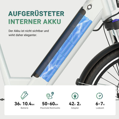 ESKUTE C100 E-Bike, 26 Zoll Elektrofahrrad, E-Cityrad 250W HeckMotor, 375Wh Wechselakku,bis zu 60km, LCD-Display, Tiefeinsteiger E-CityBike Für Damen und Herren Erwachsene Weiß