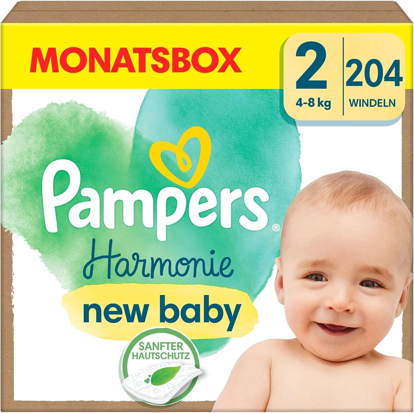 Pampers Baby Windeln Größe 2 (4-8 kg) Harmonie, MONATSBOX, Sanfter Hautschutz Und Pflanzenbasierte Inhaltsstoffe, 204 Stück