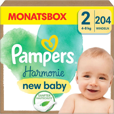 Pampers Baby Windeln Größe 2 (4-8 kg) Harmonie, MONATSBOX, Sanfter Hautschutz Und Pflanzenbasierte Inhaltsstoffe, 204 Stück