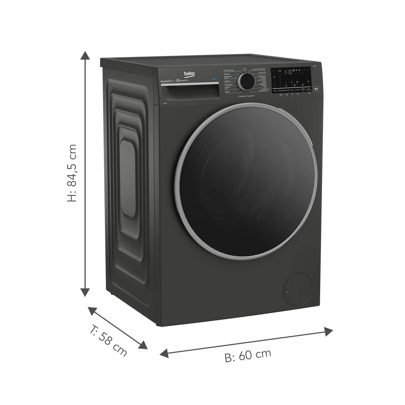 Beko B3WFT510415M Waschvollautomat, Waschmaschine, 10kg, 1400 U/min, SteamCure Dampffunktion, allergikergeeignet, AddXtra-Nachlegefunktion, Ironfast, AquaWave-Schontrommel, Bluetooth-Steuerung, Grau