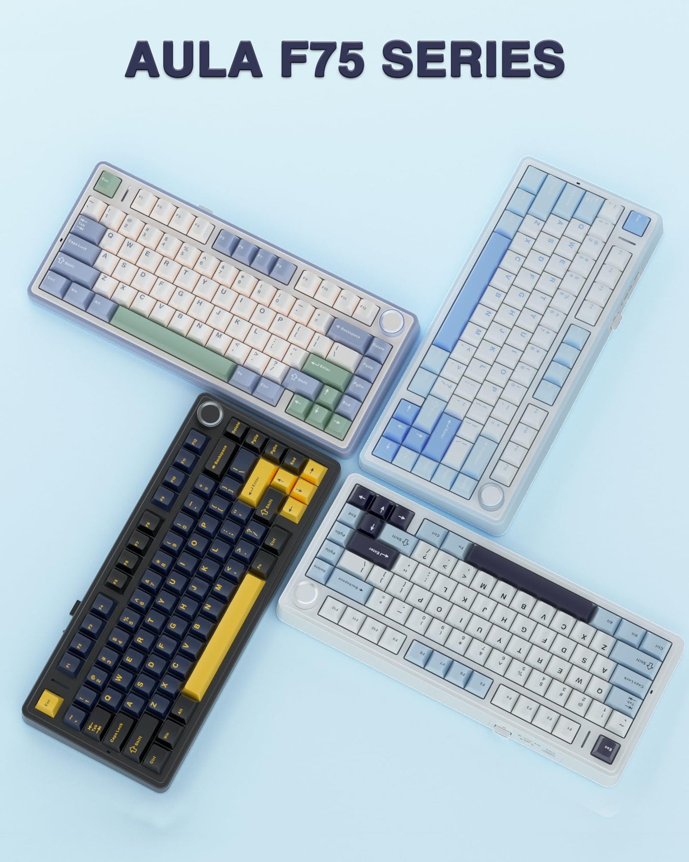 AULA F75 Mechanische Tastatur Gaming,2.4G/Type-C/BT5.0 75% Prozent Tastatur mit Multifunktionsknopf,Struktur der Dichtung Gaming Tastatur Kabellos,Hot Swap Wireless RGB Tastatur,QWERTY (Gletscherblau)