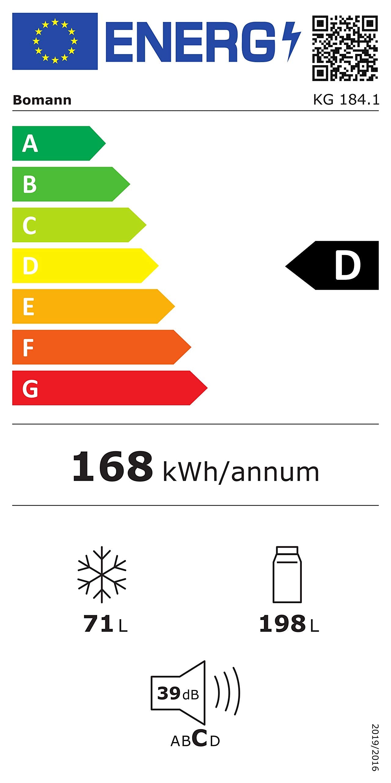 Bomann® Kühlgefrierkombination, 269 L Nutzinhalt - Kühlen: 198 L | Gefrieren: 71 L, Energiesparend, leise 39 dB, LED, wechselbarer Türanschlag, Höhe:180 x Breite: 55 x Tiefe: 55.8 cm - KG 184.1 weiß