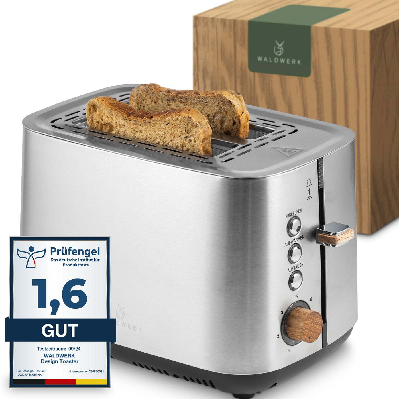 WALDWERK Design Toaster - aus 304 Edelstahl und Eichenholz - für 2 Scheiben - mit Brötchenaufsatz - mit extra breiten und tiefen Toastkammern - mit Krümelschublade