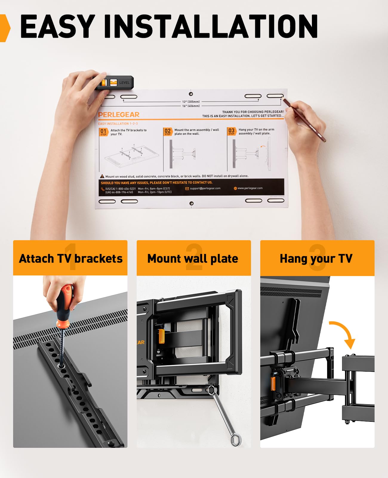 Perlegear TV Wandhalterung Schwenkbar Neigbar für 42-84 Zoll Flach & Curved Fernseher bis 60kg, TV Halterung max. VESA 600x400mm, PGLF12-E