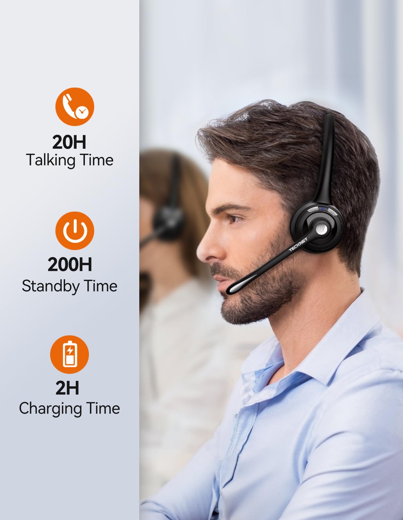 TECKNET Bluetooth Headset mit Mikrofon, kabelloses PC Headset, Rauschunterdrückung und Freisprechen Chat Headset für Computer, Callcenter, Telefonkonferenzen, Super Leicht, Ultra Komfort