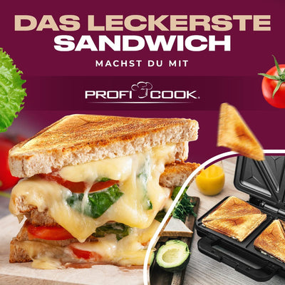 ProfiCook® Sandwichmaker | amerikanische Sandwiches | XXL-Toastscheiben | elektrischer Sandwichtoaster | extra große Sandwich-Platten (antihaftbeschichtet) | Sandwich-Maker mit 900W | PC-ST 1092