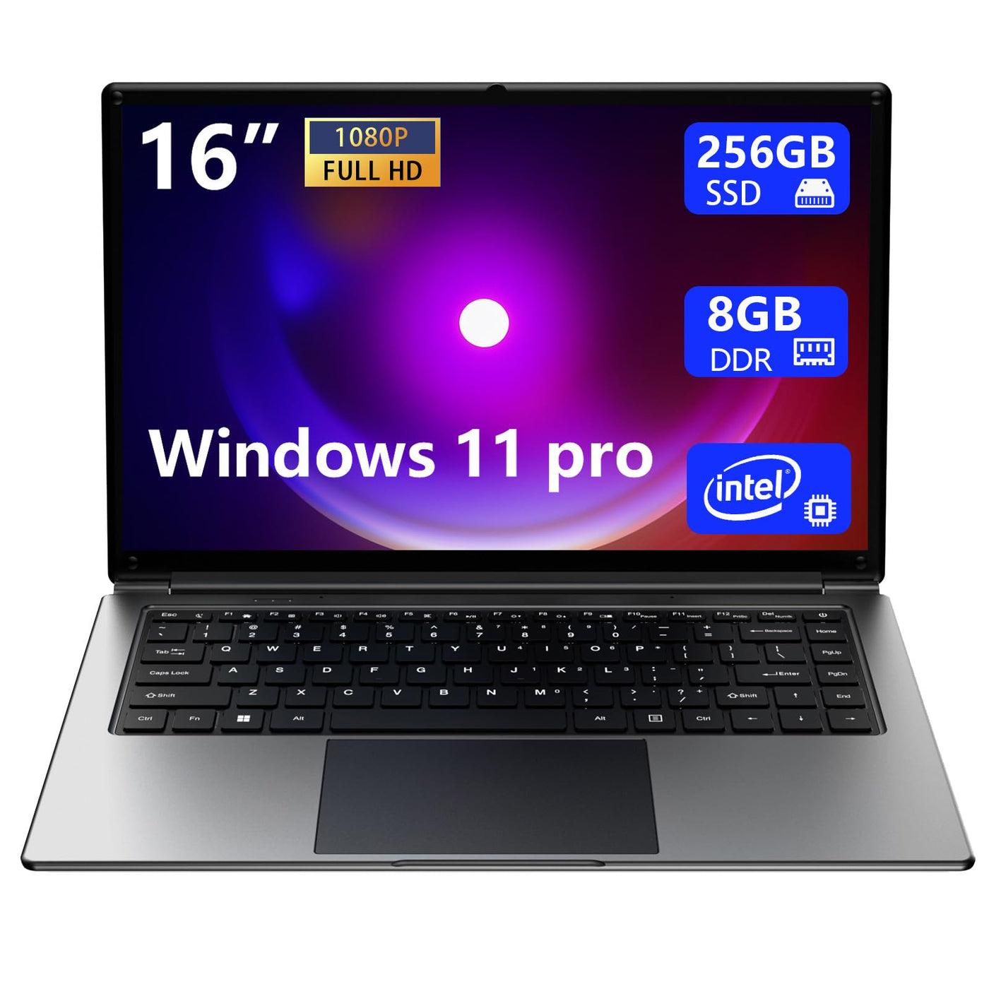 16-Zoll-Laptop, tragbarer Laptop mit 8 GB DDR und 256 GB SSD, erweiterbar auf 1 TB. Pentium-Quad-Core-Prozessor bis zu 2,64 GHz. 9000-mAh-Akku. Mini-HDMI-Schnittstelle. Webcam. Schlanke Laptops