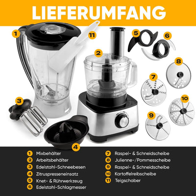 ProfiCook® 3in1 Küchenmaschine | Mixer, Küchenmaschine und Entsafter | 1200W | zum schneiden, raspeln und kneten | Nachfüllöffnung | stufenlose Geschwindigkeit | inkl. 11 Zubehörteilen | PC KM 1063