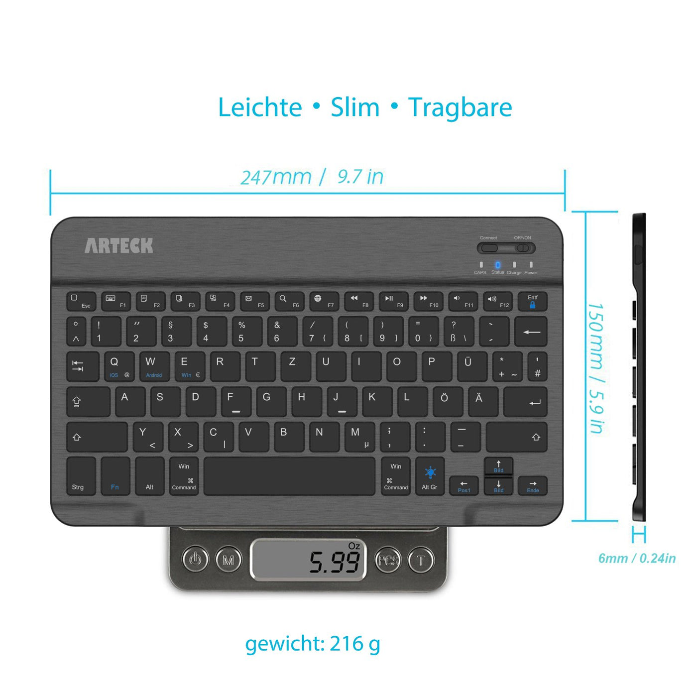 Arteck Bluethooth QWERTZ Deutsche Wireless Tastatur mit 7 Farben Ultraleicht und dünn Tragbare Kabellose, für iPad Pro, Air, Mini, Android, MacOS, Windows, Tablets, PC, Smartphone