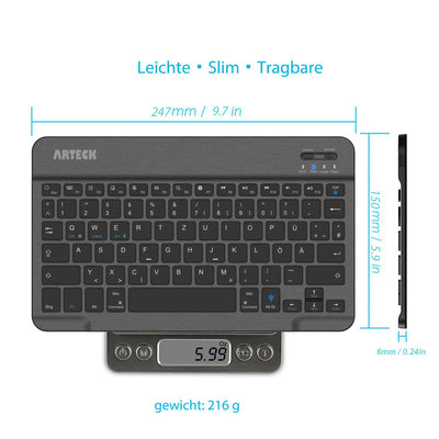 Arteck Bluethooth QWERTZ Deutsche Wireless Tastatur mit 7 Farben Ultraleicht und dünn Tragbare Kabellose, für iPad Pro, Air, Mini, Android, MacOS, Windows, Tablets, PC, Smartphone