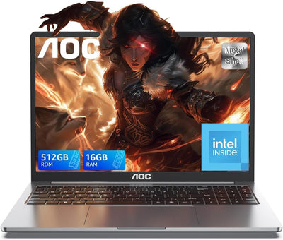 AOC Laptop,lntel N97,Up to 3.6 GHz,16 GB DDR4,512 GB SSD (Supports Extension 2 TB),15.6 Zoll Notebook Computer,Metal Housing,180°Rotation,HDMI,WiFi