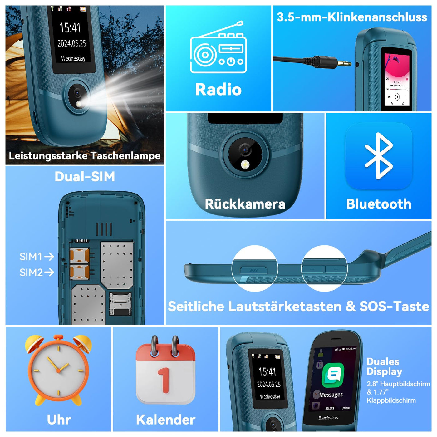 Blackview N2000 4G Seniorenhandy Ohne Vertrag mit Großen Tasten Handy, Dual SIM Klapphandy Mobiltelefon für Senioren, SOS-Funktion Handy|FM Radio|Taschenlampe|Ladestation|2.8 Zoll Farbdisplay