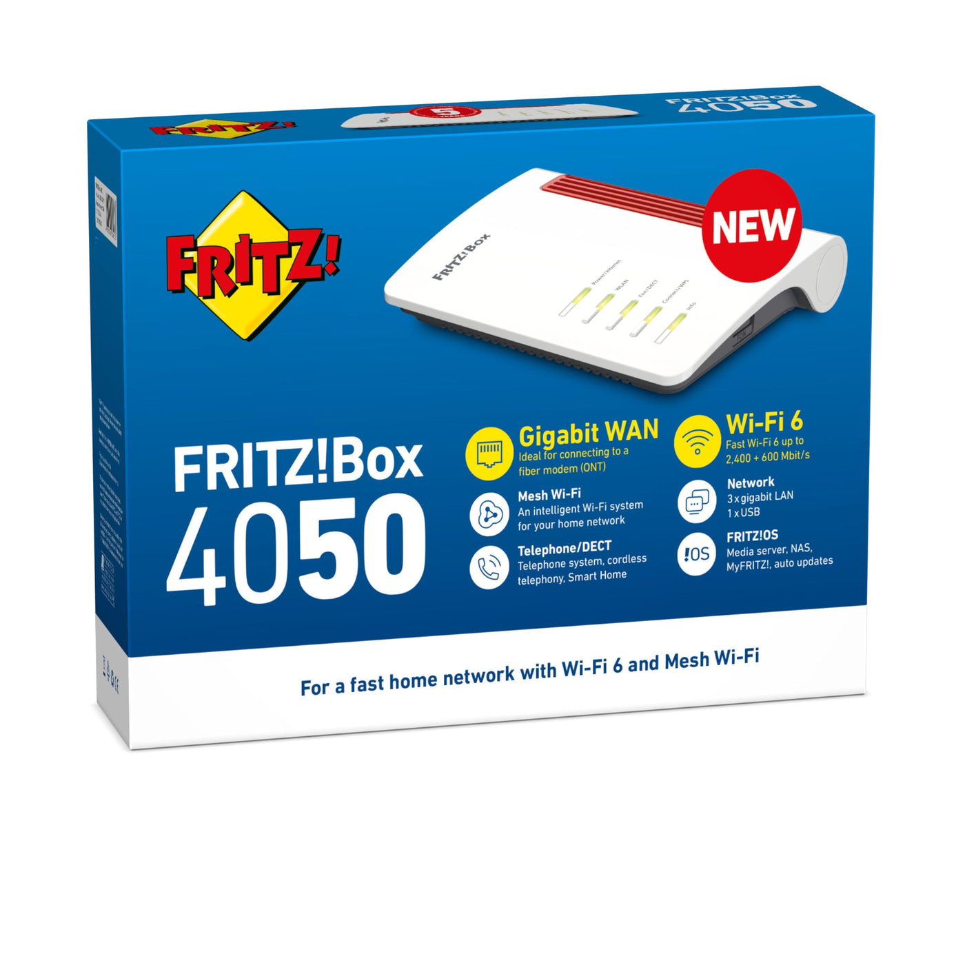 AVM Fritz!Box 4050 WLAN 6 Dual Band Router bis zu 3.000 Mbit/s, für Operator und ONT Modem 1x Wan Gb, 3X LAN Gb, 1x USB, Access Point, Mesh, DECT, Medienserver, VPN, VOIP