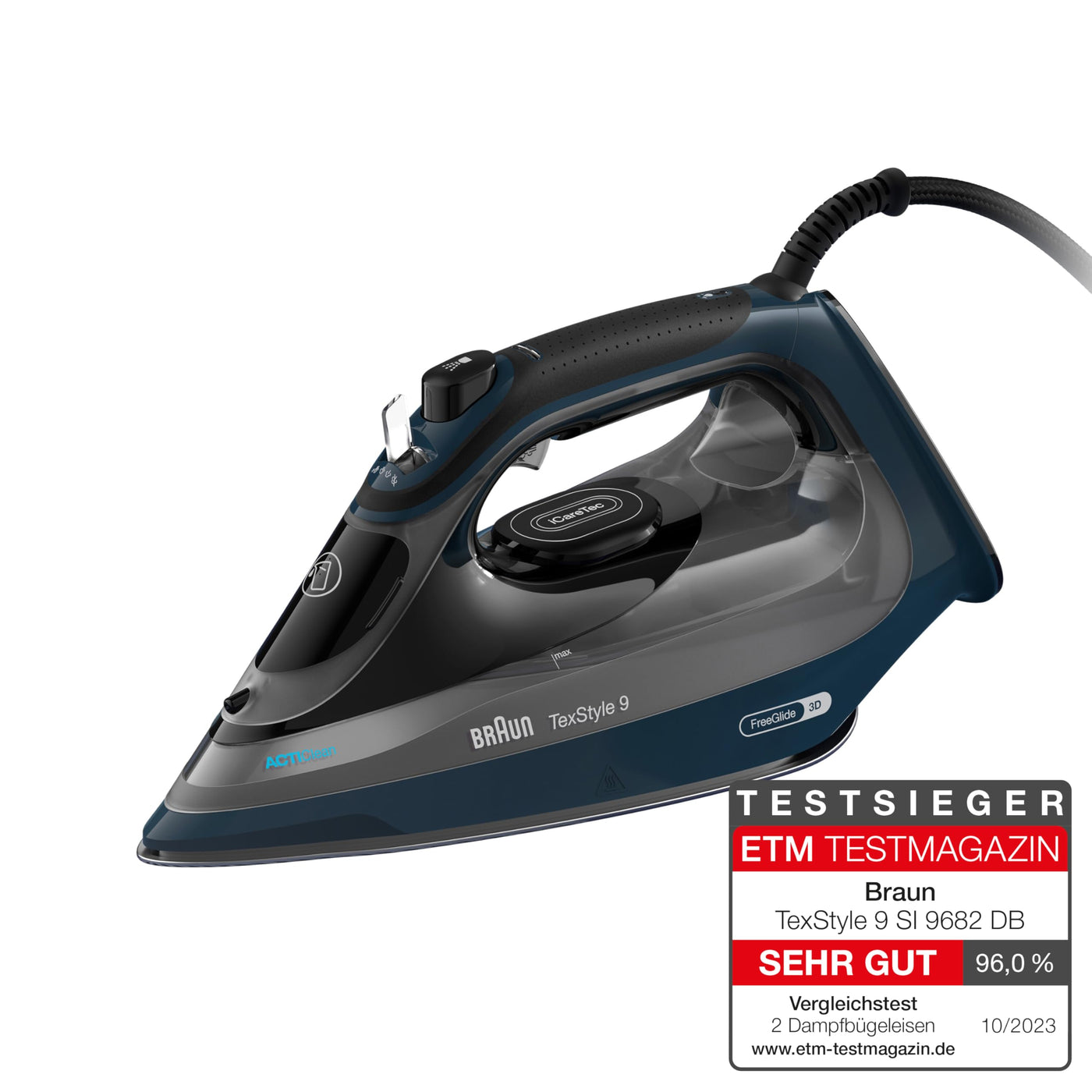 Braun TexStyle 9 SI9682 DB Dampfbügeleisen mit FreeGlide 3D Technologie, Vertikaldampf, Anti-Tropf-Funktion, Selbstreinigungsfunktion, 330 ml Einfüllöffnung, 260 g/min, 3200W, Dunkelblau