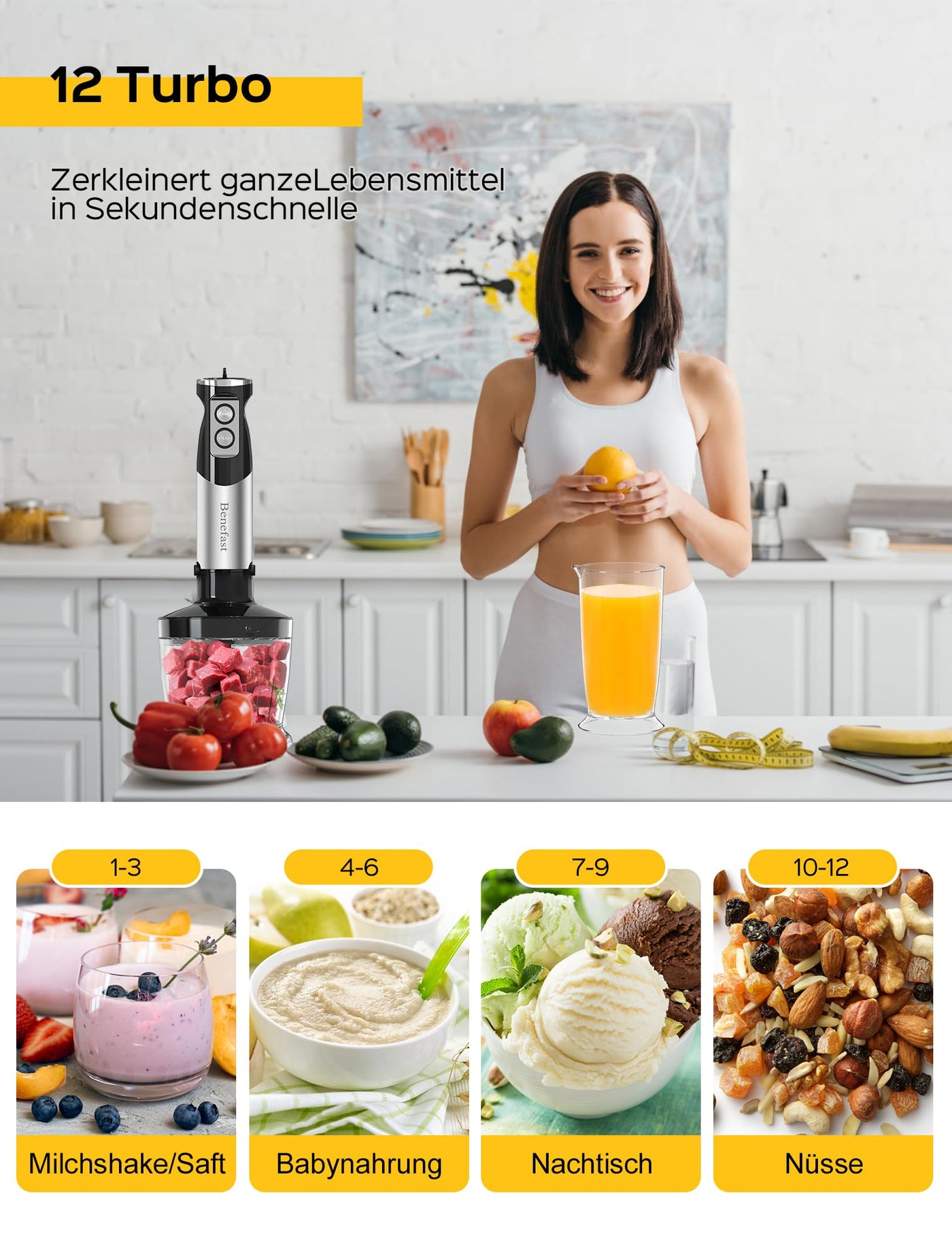 Benefast Elektrische Stabmixer 6 in 1 Stainless Steel Pürierstab Set, 1000W Stark Leistung, 12 Geschwindigkeiten & Turbo-Taste Blender für die Zubereitung von Salaten, Suppen und Teig