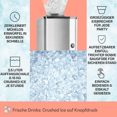 Oneconcept Crushed Ice Maschine, Schneller Crushed Ice Maker mit Auffangschale, Eiscrusher Elektrisch mit 3,5L Fassungsvermögen, Tragbare Eiscrusher Maschine, Crushed Ice-Maschinen für 15kg/h