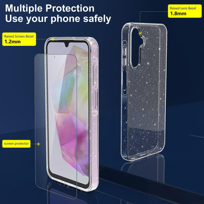 YIRSUR Glitzer Hülle für Samsung Galaxy A35 5G, mit 2 Stück Glasfolie, Transparent Handyhülle Bling Weiche TPU Silikon Stoßfest Schutzhülle für Frauen und Mädchen