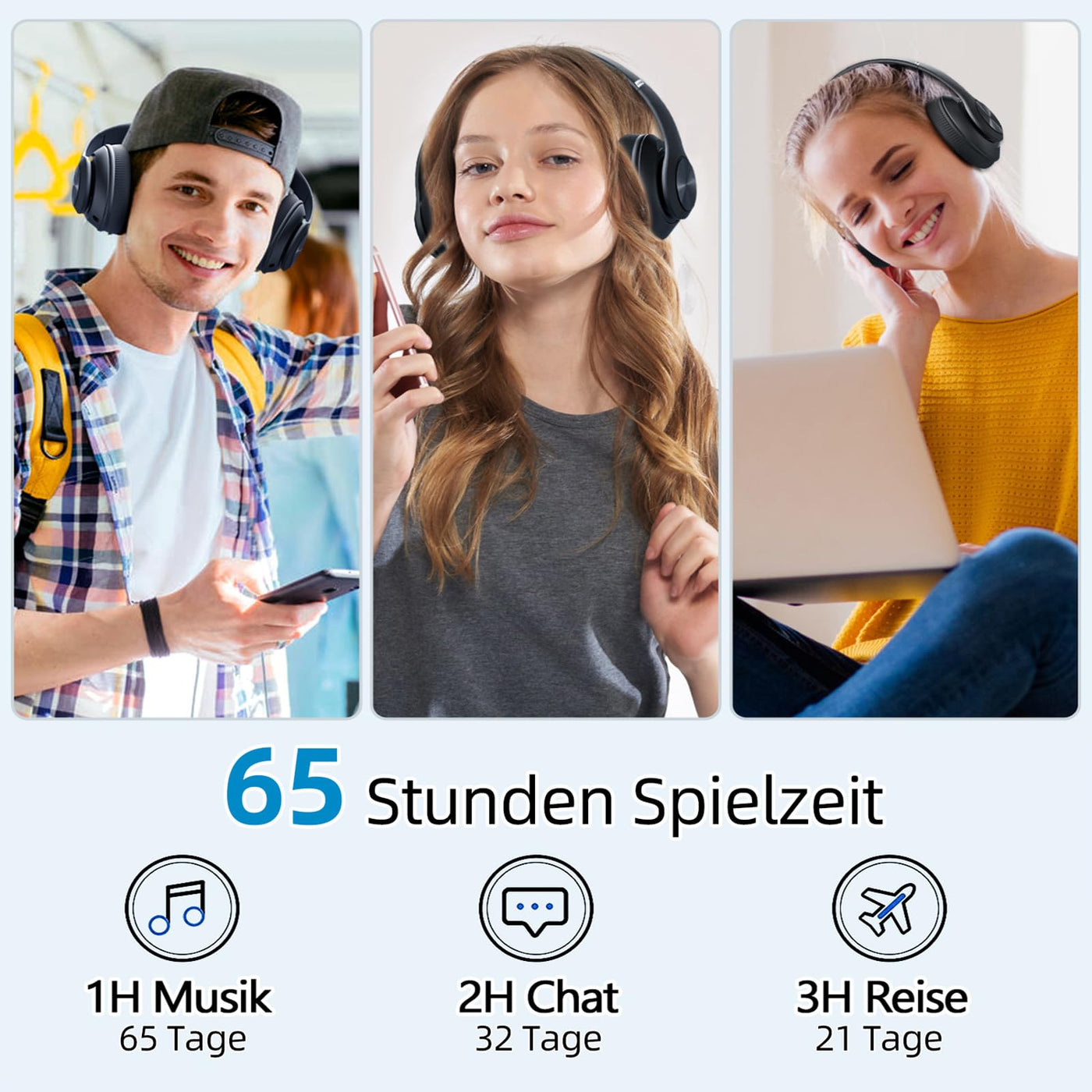 Lankey Sound 9S Kopfhörer Kabellos Bluetooth, Bluetooth Kopfhörer Over-Ear mit 65 Stunden Spielzeit, kabellose Kopfhörer mit 6 EQ-Modi, HiFi Stereo Kopfhörer mit Mikrofon für Handy/PC/Studium, Schwarz