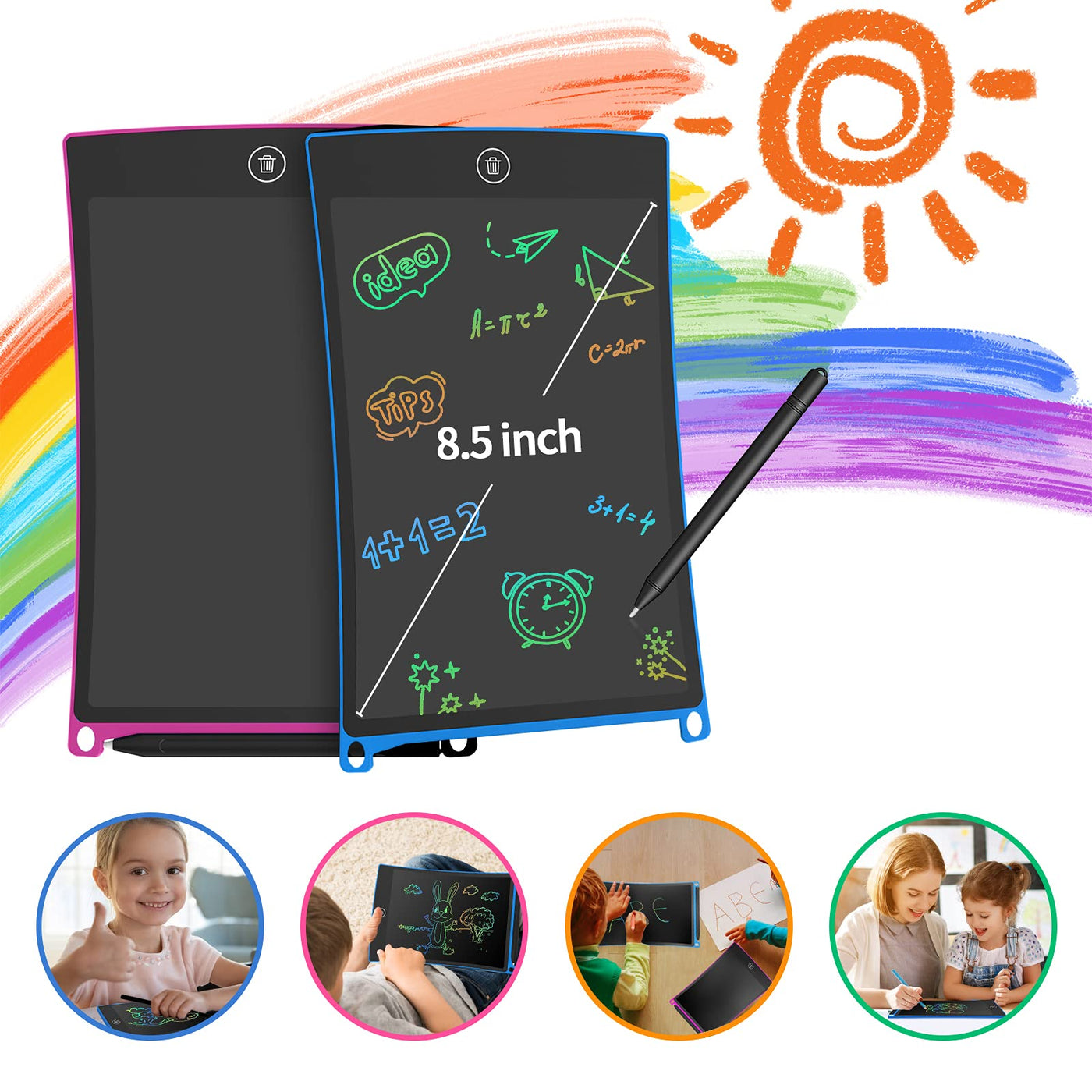 2 Pack Zaubertafel 8,5 Zoll, LCD Schreibtafel Spielzeug ab 3 4 5 6 + Jahre, Bunter Bildschirm Lernspielzeug für Kinder Weihnachten Geburtstag Geschenke (Blau+Rosa)