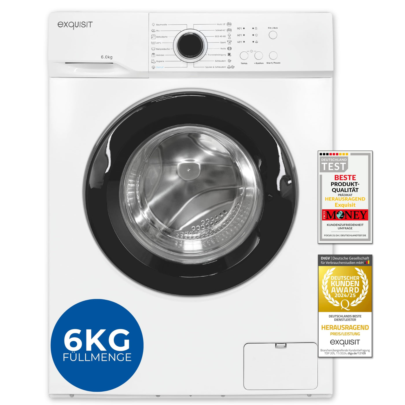 Exquisit Waschmaschine 6kg, Energieeffizienzklasse A, max. 1000 U/min, ECO 40-60, Kurzprogramm, Kindersicherung, 16 Waschprogramme, WA56110-020A weiss