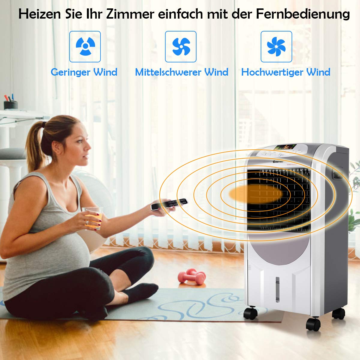 COSTWAY Heizlüfter 2000W, mobile Klimagerät ohne Abluftschlauch, Luftkühler Luftbefeuchter und Luftreiniger 8H Timer / 7L Wassertank / 70°Winkel/Fernbedienung