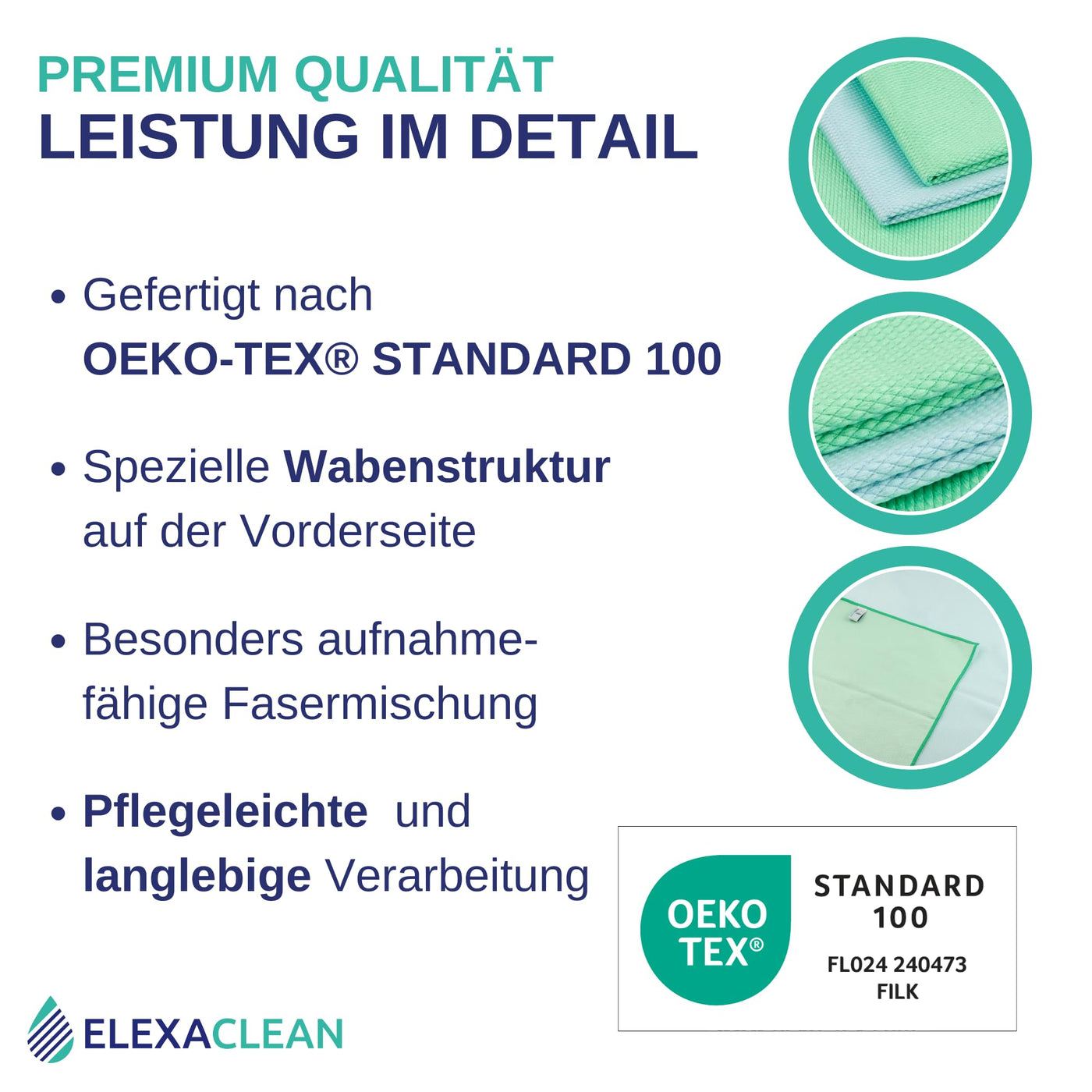 ELEXACLEAN Fenstertuch streifenfrei, Mikrofaser Scheibentuch (4 Stück, 60x40 cm & 40x30 cm) Oeko-TEX® Standard 100 - Glas Putztücher