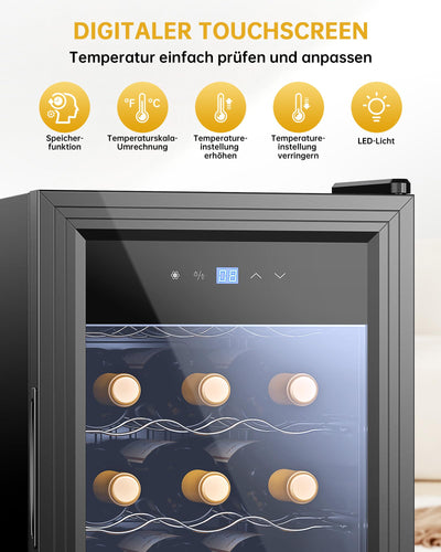 WIE Weinkühlschrank Compressor 53 Liter 18 Flaschen Getränkekühlschrank Kleiner Weinschrank Klein Wein-Kühlschrank mit Glastür,Vollglas-Designtür mit LED Touchpanel,Anti-UV, Wine Fridge 5-18°C