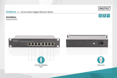 DIGITUS Gigabit Ethernet Netzwerk-Switch - 10 Zoll - 8 Ports - Unmanaged - Backplane 16 Gbps - Auto MDI/MDI-X - Schwarz