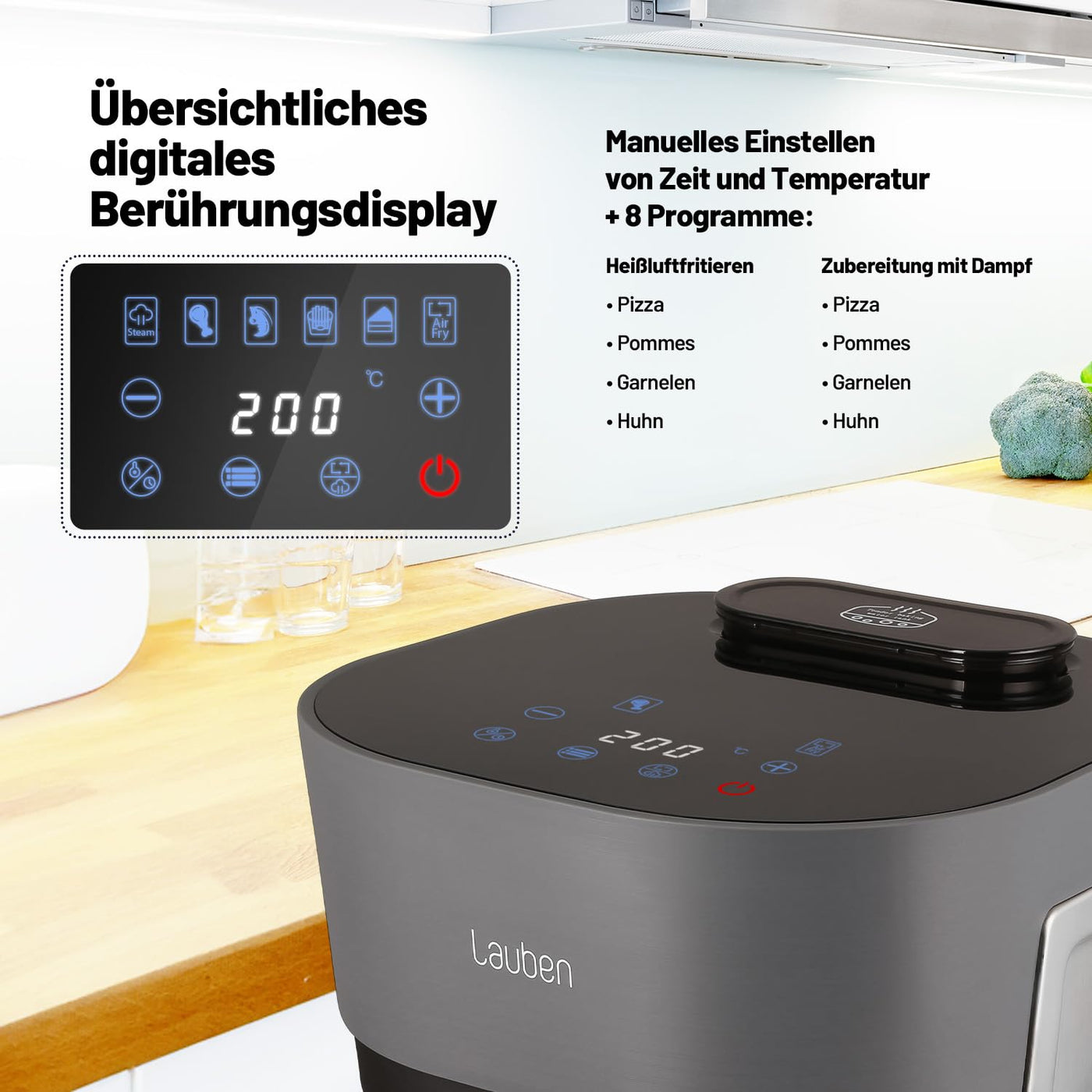 Lauben Glass&Steam Heißluftfritteuse 4500BG Air Fryer mit Glasfrittierkorb, Dampffunktion, 8 Programme, manuelle Zeit- und Temperatureinstellung, spülmaschinenfester Korb, Behältervolumen 4,5l