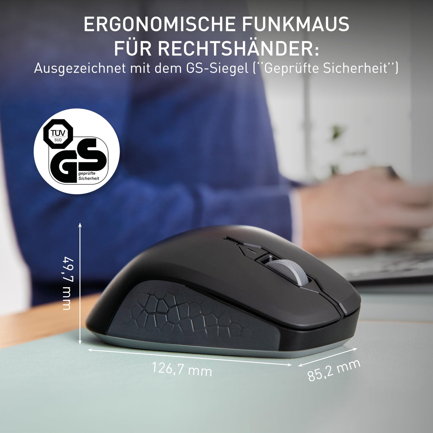 CHERRY STREAM MOUSE COMFORT, Kabellose Ergonomische Maus mit Gummierter Daumenauflage, Speziell für Rechtshänder, 2,4 GHz Funk, 6 Flüsterleise Tasten, Schwarz