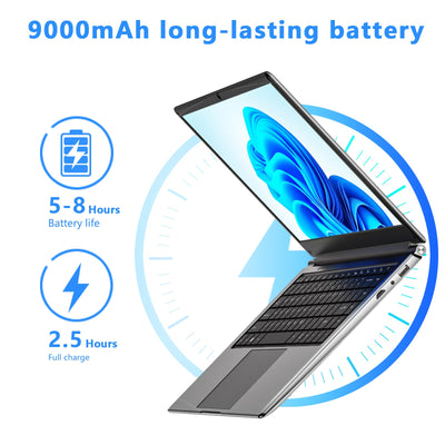 16-Zoll-Laptop, tragbarer Laptop mit 8 GB DDR und 256 GB SSD, erweiterbar auf 1 TB. Pentium-Quad-Core-Prozessor bis zu 2,64 GHz. 9000-mAh-Akku. Mini-HDMI-Schnittstelle. Webcam. Schlanke Laptops