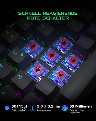 Black Shark Mechanische Gaming Tastatur RGB-Beleuchtung, QWERTZ Deutsches Layout, Rote Schalter, Anti-Ghosting 105 Tasten, Metall Platte, Voll Programmierbare Gaming Tastatur, für PC Gamers