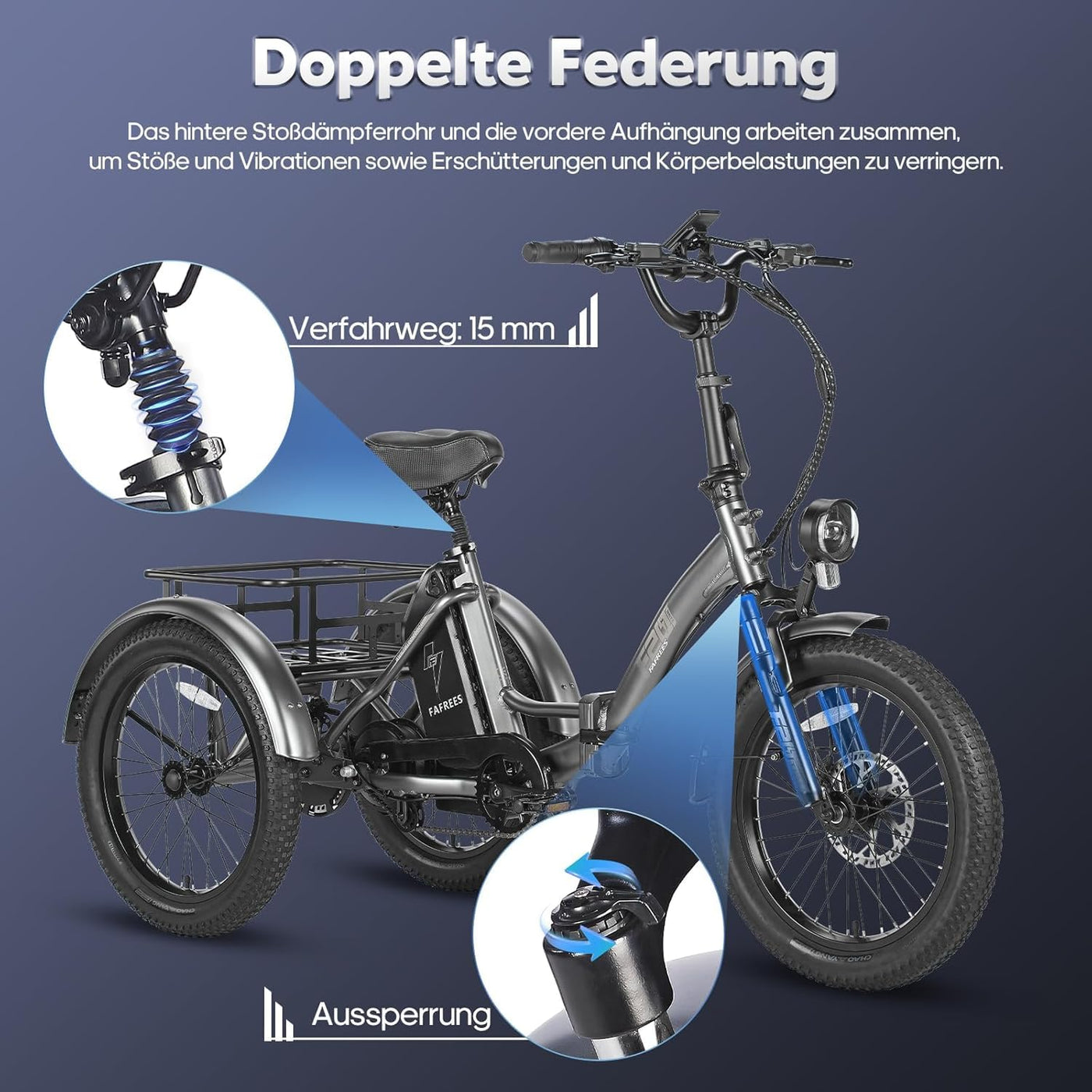 Fafrees Elektro Dreirad 20"*3.0 Zoll, F20 Mate e-Bike Dreirad klapprad, Lastendreirad 48V 18.2Ah Akku, e Bike 3 Rad 65N.m (Gepäckkorb hinten-Blau)