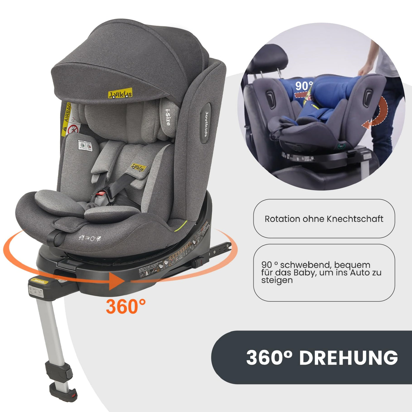 Jovikids 360° Drehbar Kindersitz mit ISOFIX, i-Size 40-150cm(ab Geburt -12 Jahre) Baby Autositz Reboarder mit Liegefunktion & Abnehmbar Vordach, ECE R129 (grau)